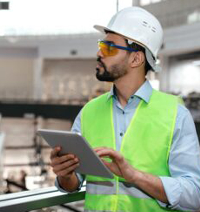 Material handling professional reviewing data on a tablet in a warehouse